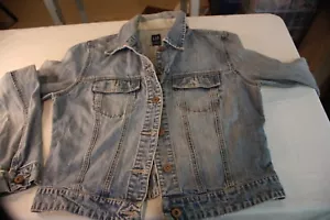 Giacca jeans donna taglia L blu sbiadito cotone gap denim patchato e indossato - Foto 1 di 11