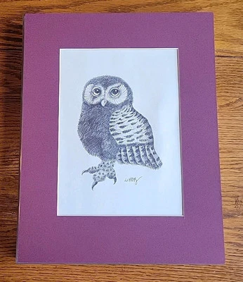 Boceto de dibujo de búho superior firmado por artista mate vintage  Foto 1 de 4