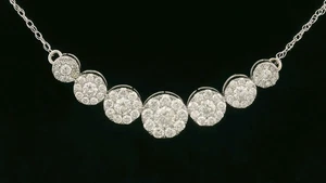 Beautiful 9ct White Gold 0.97ct Diamond Flower Cluster Necklace - 16" - Picture 1 of 12