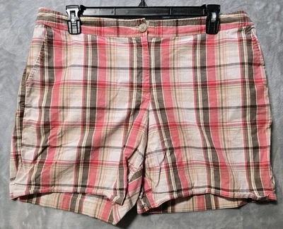 IZOD эластичной Chino шорты женщин 16 розовый коричневый клетку карманы  - Изображение 1 из 4