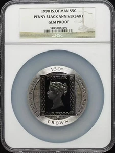 1990 ISLE OF MAN Silver CROWN NGC PF-65 Penny Black Anniversary - Picture 1 of 2