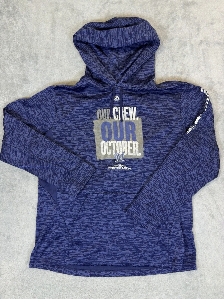 Majestic Sweater Mens XXL Blue Hoodie Milwaukee Brewers Postseason 2018 - Image 1 of 4