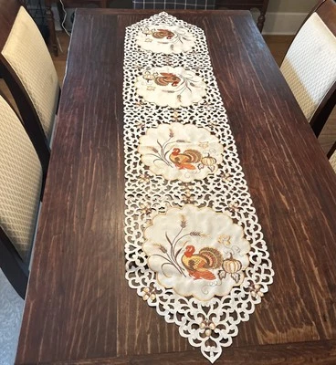 NEW Wimpole Street Table Runner Cloth Embroidered Thanksgiving Turkeys 69”x15” - Image 1 of 4