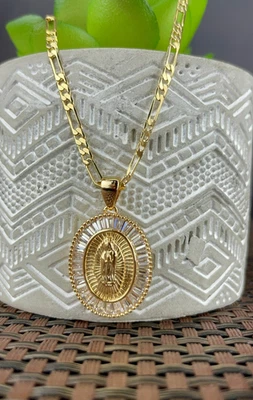 Minimalist Elegant Virgen de Guadalupe Necklace with Figaro Chain 20" for Womens - Image 1 of 4