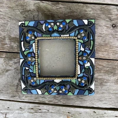Blue and White Glass Tile Mosaic Square Frame With Blue And White Rhinestones ￼ - Image 1 of 4