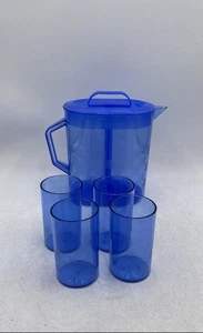Pampered Chef Blue Glossy Finish Serving Glass And Lidded Pitcher Set Lot Of 5 - Picture 1 of 6