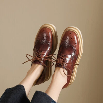 Womens Carved Wing Tip Platform Wedge Heel Brogue Real Leather Shoes Lace Up New - Image 1 of 4