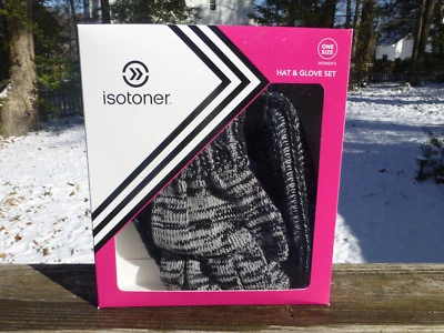 Conjunto de sombrero y guantes Isotoner para mujer negro y gris *talla única* $42 venta al por menor RN22605 Foto 1 de 4