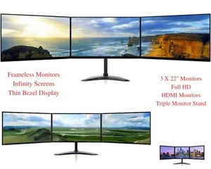 Triple Monitor Screen Setup Bundle Dell or HP  Thin Bezel Screens FHD HDMI Ports - Picture 1 of 9