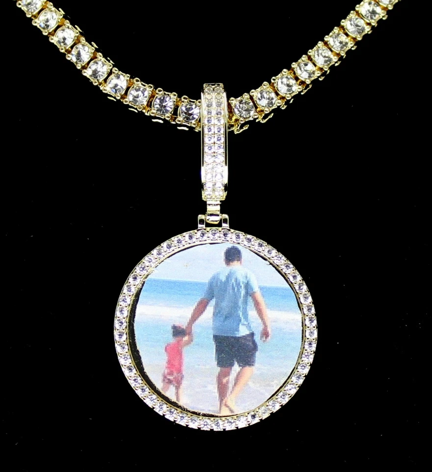 Personalized Picture Pendant Iced CZ Custom Photo 14k GoldPlated Memory Necklace - Image 1 of 3