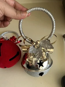 Sleigh Bells-Door Knob Hanger-red Silver Bells- Ribbon-Bows Christmas Ornament - Picture 1 of 6