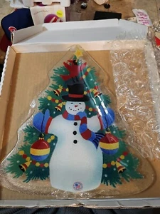 NEW! PEGGY KARR Fused Glass SNOWMAN Christmas Tree Shaped Plate 14" Signed A-304 - Picture 1 of 7
