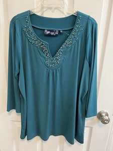 Susan Graver XL Tunic Top Teal Blue Pullover Beaded V-Neck 3/4 Sleeve New - Picture 1 of 10