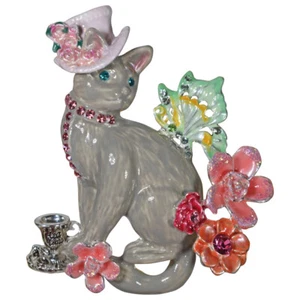 KIRKS FOLLY SPRINGTIME TEA TIME KITTY CAT PIN PENDANT ST BUTTERFLY & FLOWERS - Picture 1 of 3