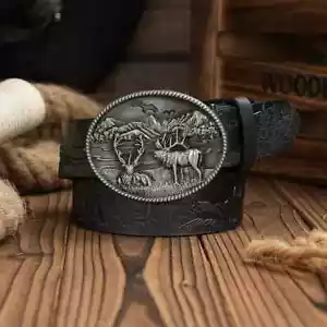 Ledergürtel schwarz oval Hirsch Gürtelschnalle Buckle Jagd Reh Tracht Western - Bild 1 von 2