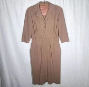 Vtg 50s Tan Soft Wool Pencil Dress M/L w28 Pinup VLV Metal Zip Covered Buttons - Picture 1 of 14