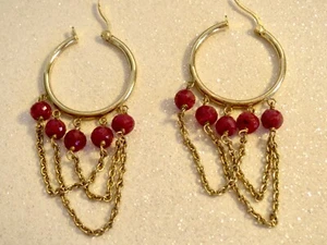 Signed NF 925 STERLING SILVER Dangle RUBY Yellow Gold Plated HOOP EARRINGS 2" L - Picture 1 of 7