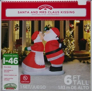 Christmas Gemmy 6 ft Lighted Santa Mrs Claus Kissing Under Mistletoe Inflatable - Picture 1 of 1