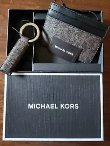 MICHAEL KORS Credit Card Wallet + Key Fob 86F2SGFD1B Brown/Black $98 - NEW - Picture 1 of 5