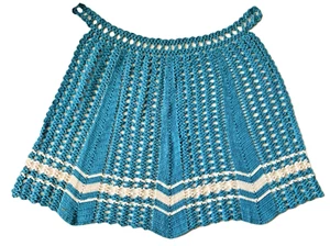 Vintage handgehäkelt seltene Farbe türkis & weiß Band Zug Taille halbe Schürze unbenutzt - Bild 1 von 6