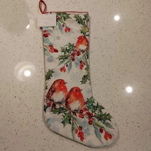Nicole Miller 22 Zoll Weihnachtsstrumpf rot Vögel Perlen Stechpalme Schneeflocken Zweige - Bild 1 von 11