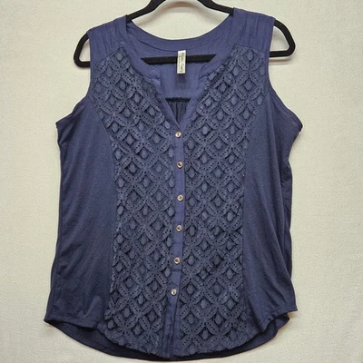 PerSeption Concept Shirt Womens XL Blue Crochet Lace Button Front Sleeveless Top - Image 1 of 4