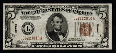 1934A $5 HAWAII WWII Emergency Issue CRISP VF+/XF Federal Reserve Note! - Image 1 of 2