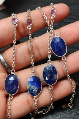 Collana lunga pietra preziosa lapislazzuli naturale argento sterling 925... - Immagine 1 di 4