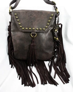 Jessica Simpson Purse With Leather Fringe And Bag Charm Studded Pre-Owned Brown - Picture 1 of 6