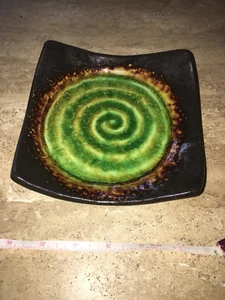 Pottery Green Swirl Christiline Crackle With Brown  Square Dish - Picture 1 of 7