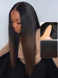 UNice Peruvian V Part Ombre Brown Yaki Straight Wigs with Drawstring Human Hair - Picture 1 of 8