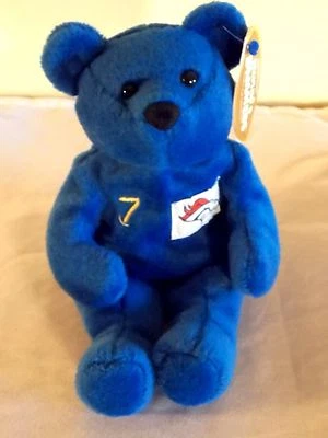 John Elway 7 Broncos Salvino Bammers Blue Beanie Bean Bag Bear Mint Plush 8 1/2" - Image 1 of 4