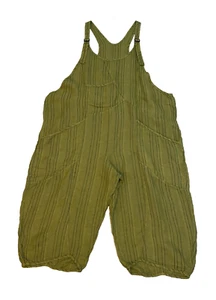 Cynthia Ashby XL Jumpsuit Bib Overalls Oversized Kiwi Striped Linen Lagenlook - Picture 1 of 14