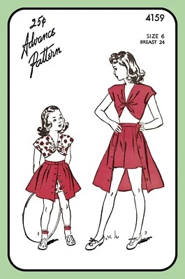 Girls PLAYSUIT Pattern SKIRT w SHORTS Top Childs Advance 4159 Vtg 1946 UNPRINTED - Image 1 of 4