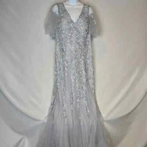 Teri Jon by Rickie Freeman Women's Beaded Tulle Flutter Sleeve Gown-Platinum, 16 - Picture 1 of 8