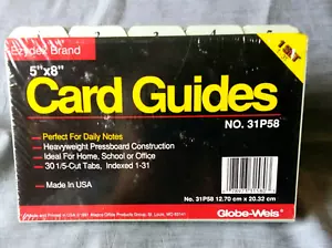 Card Guides 5" x 8" Pressboard 1-31 Tabs 1/5 Cut Globe-Weis Ezydex 31P58 SEALED - Picture 1 of 2