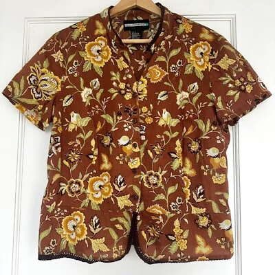 Blusa Requisitos Floral Abotonada Manga Corta Marrón Amarillo L Foto 1 de 4