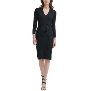 NWT DKNY ribbed knit belted midi sweater dress black Donna Karan v-neck stretch - Picture 1 of 9