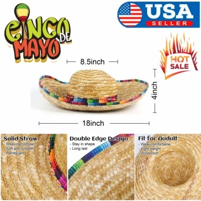 18" Mexican Sombrero Hat Straw w/ Serape Trim for Cinco De Mayo Party Decoration - Image 1 of 4