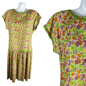 Vtg 60s Bright Colorful Drop Waist Floral Rick Rack Trim Sundress Linen Size XL - Picture 1 of 7