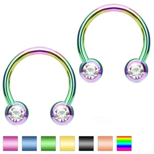 2 Pc Front CZ IP Horseshoe Nose Lip Tragus Helix Septum Nipple Ring Piercing 14G - Picture 1 of 10