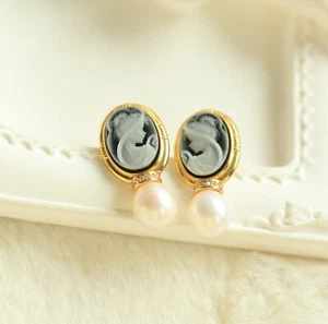 F18 Earrings Princess With Veil Pearl On Black Agate Silver 925 - Imagen 1 de 3