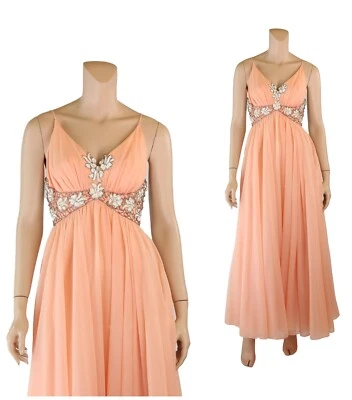 Vestido de baile Mike Benet vintage años 60 melocotón gasa con cuentas talla 12 Foto 1 de 4