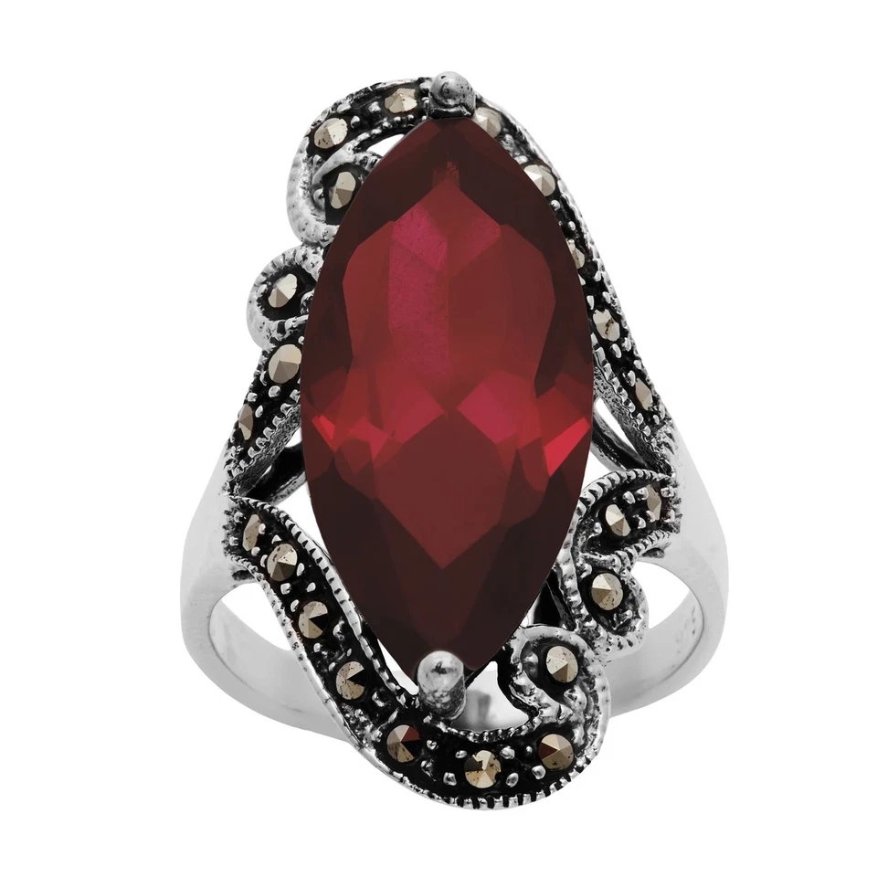 Silverly Anello Argento 925 Solitario Zircone Rosso Ovale Marcasite - Immagine 1 di 4