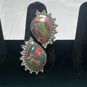 Sterling Silver Pink Dahlia Turquoise Bypass Ring Adjustable Southwest - Picture 1 of 14