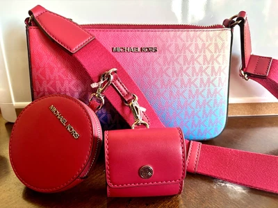 Michael Kors Jet Set Travel Crossbody Bag Tech Attached MK Ombre Dark Raspberry - Image 1 of 4