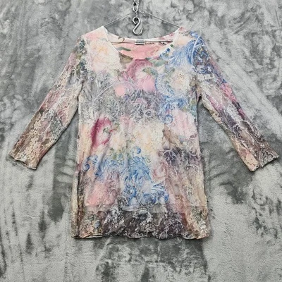 Vintage Keren Hart Top Womens S Pink Blue Cream Black Sheer Stretch Lace Lined - Image 1 of 4