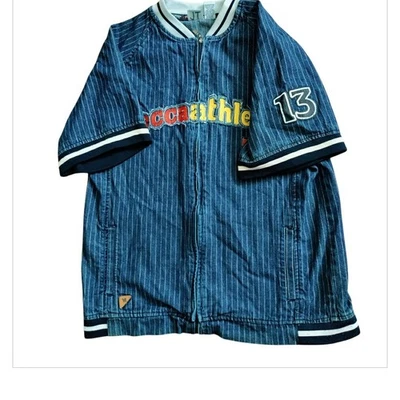 Y2K Мекка джинсовой ткани полный молнии куртка молодежи XL хаски в тонкую полоску хип-хоп короткий рукав  - Изображение 1 из 4