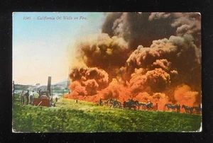 1911 Kalifornien Ölquellen in Flammen Katastrophe Rauch Pferde Waggons CA Postkarte - Bild 1 von 2