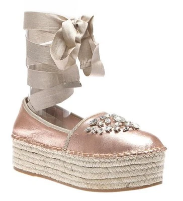 NEW MIU MIU PRADA COPPER LEATHER CRYSTALS ESPADRILLES LACE PLATFORM SHOES 38/8 - Image 1 of 4